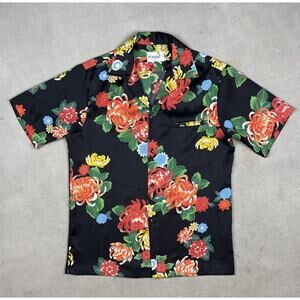 Pomare Tahiti Vintage RARE Black Multicolor Floral Hawaiian Shirt Size Medium